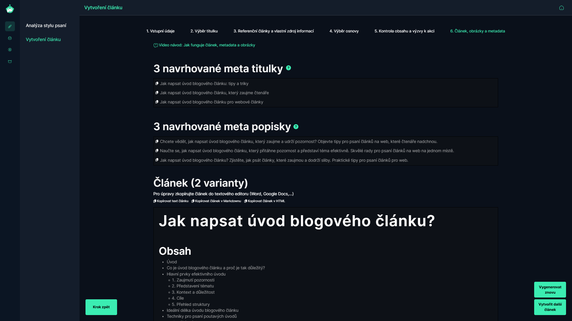 Rozhraní pro finalizaci článku, přidání obrázků a metadat. Uživatel může zkopírovat text článku do textového editoru a upravit navrhované meta titulky a meta popisky. Na konci stránky je tlačítko pro vytvoření dalšího článku.